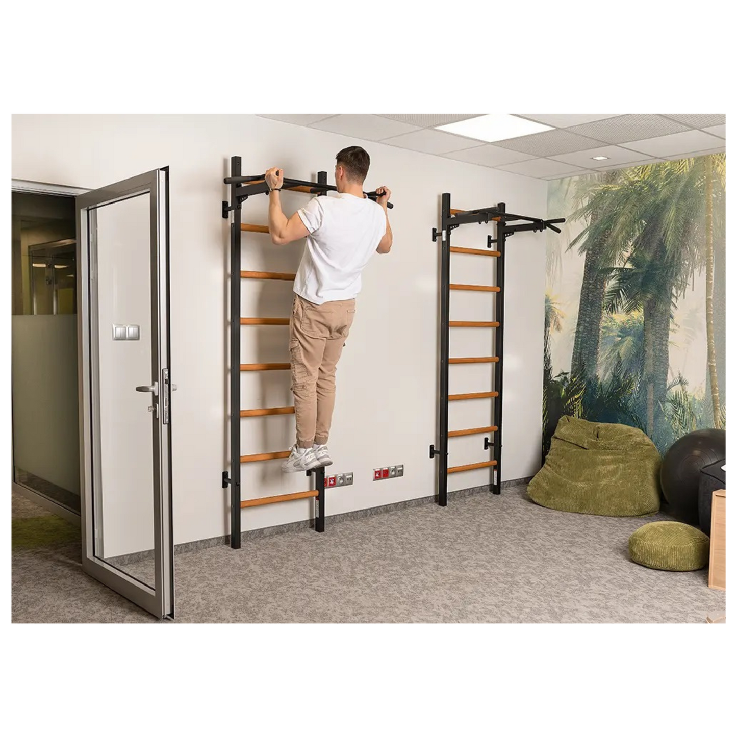 BenchK 221B Wall Bars with Fixed Steel 6 Grip Pull-Up Bar