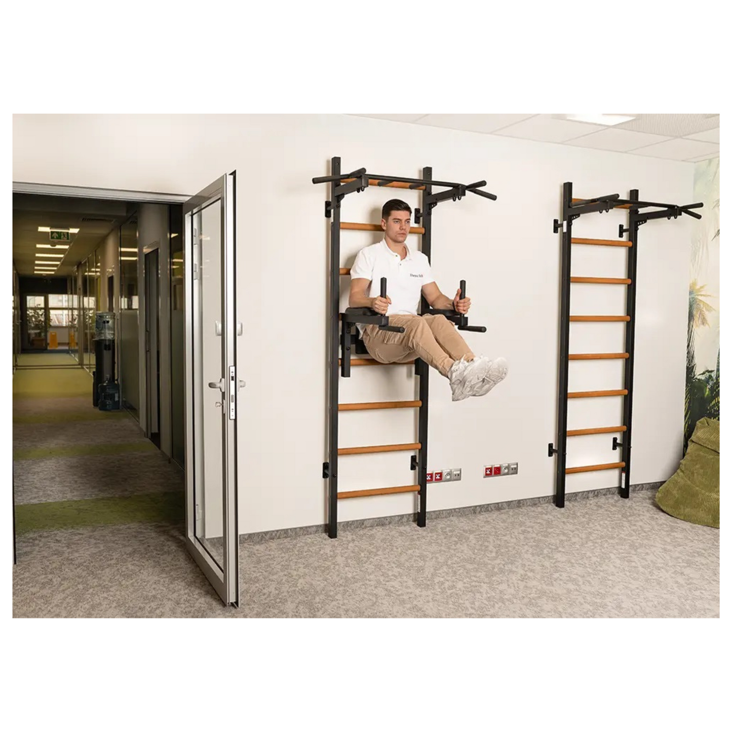 BenchK 222B Wall Bars with Fixed Steel 6 Grip Pull-Up Bar & Dip Station