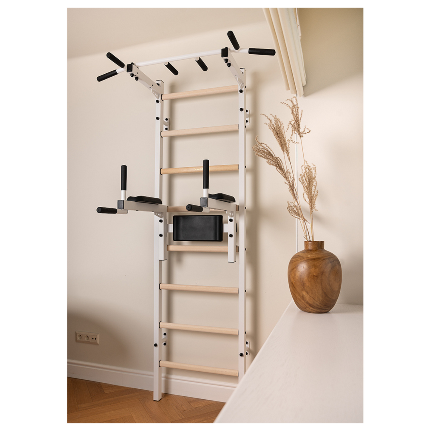 BenchK 222W Wall Bars with Fixed Steel 6 Grip Pull-Up Bar & Dip Station