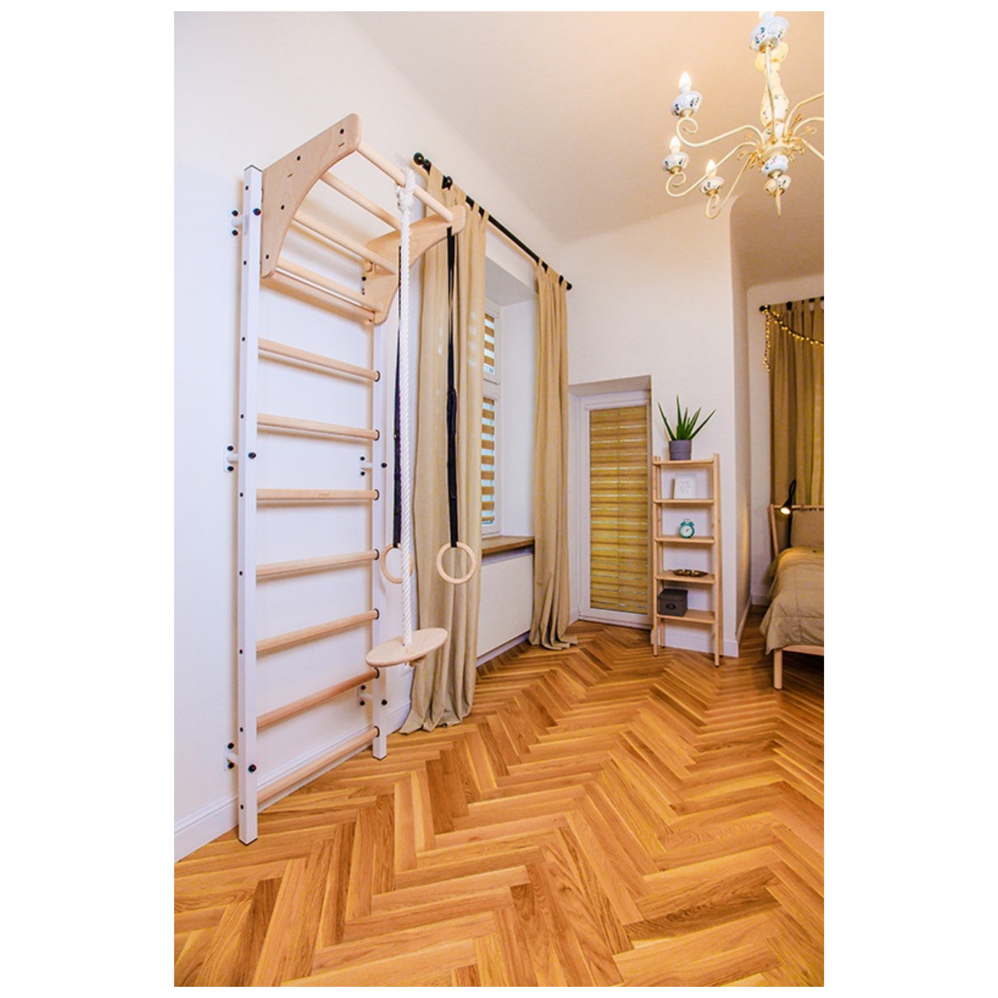 BenchK 711W + A204 Wall Bars with Wooden Pull-Up Bar & Accessories