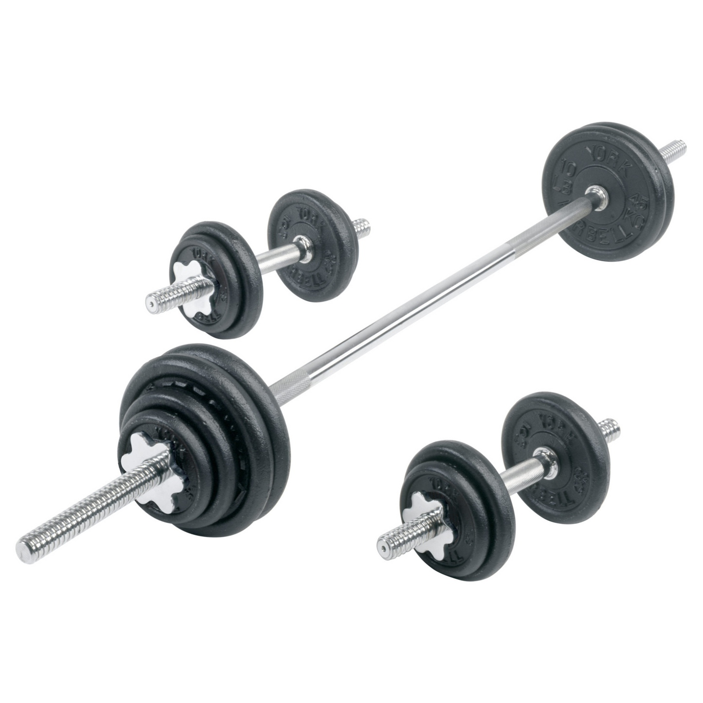 York Barbell 110 lb Contour Cast Iron Spinlock Dumbbell/Barbell Set