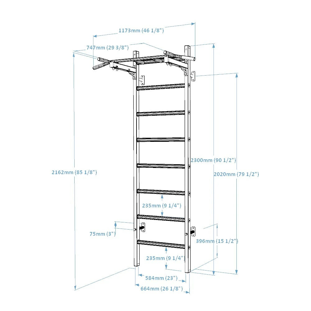 BenchK 221W Wall Bars with Fixed Steel 6 Grip Pull-Up Bar