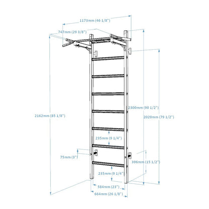 BenchK 221W Wall Bars with Fixed Steel 6 Grip Pull-Up Bar