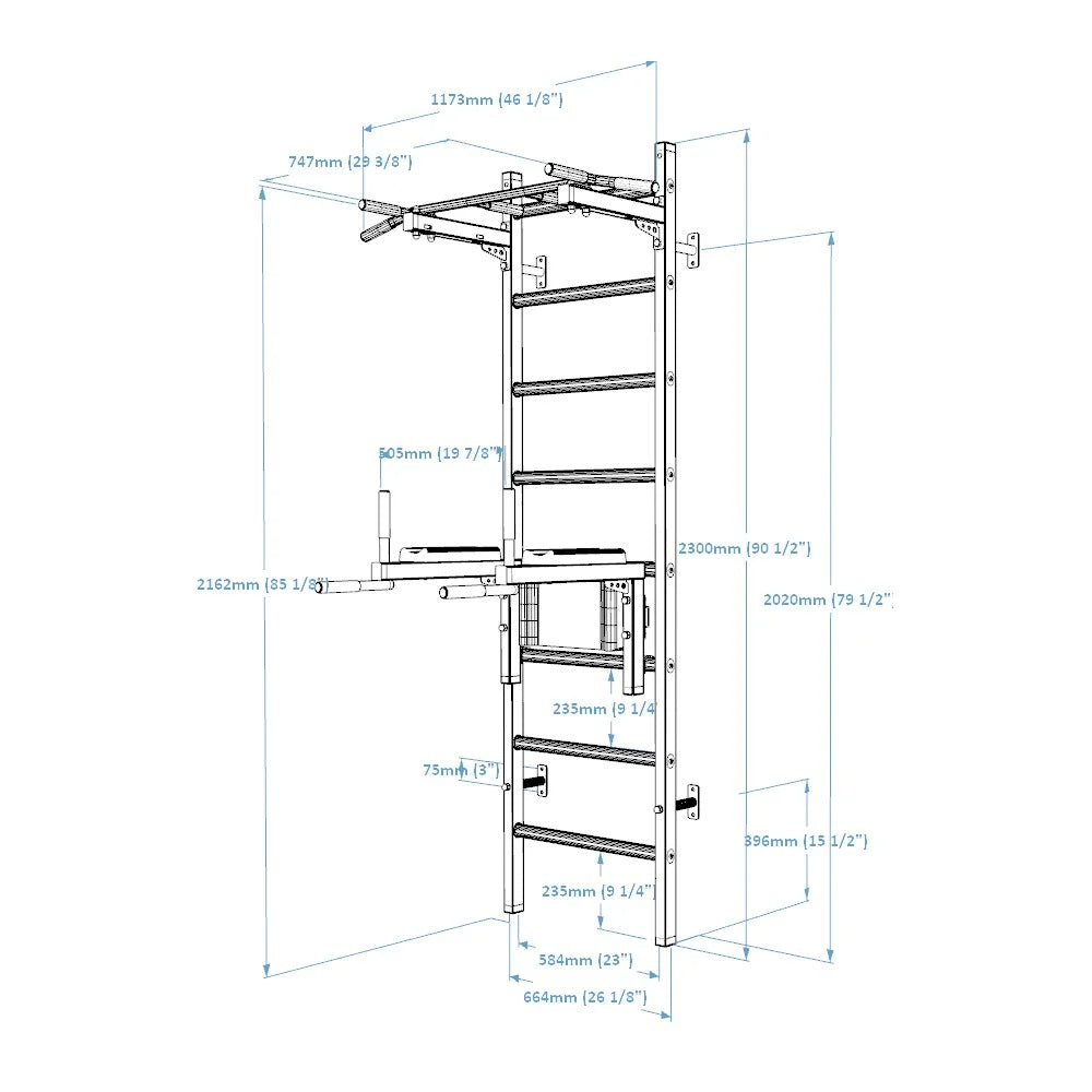BenchK 222W Wall Bars with Fixed Steel 6 Grip Pull-Up Bar & Dip Station