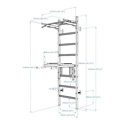 BenchK 222W Wall Bars with Fixed Steel 6 Grip Pull-Up Bar & Dip Station