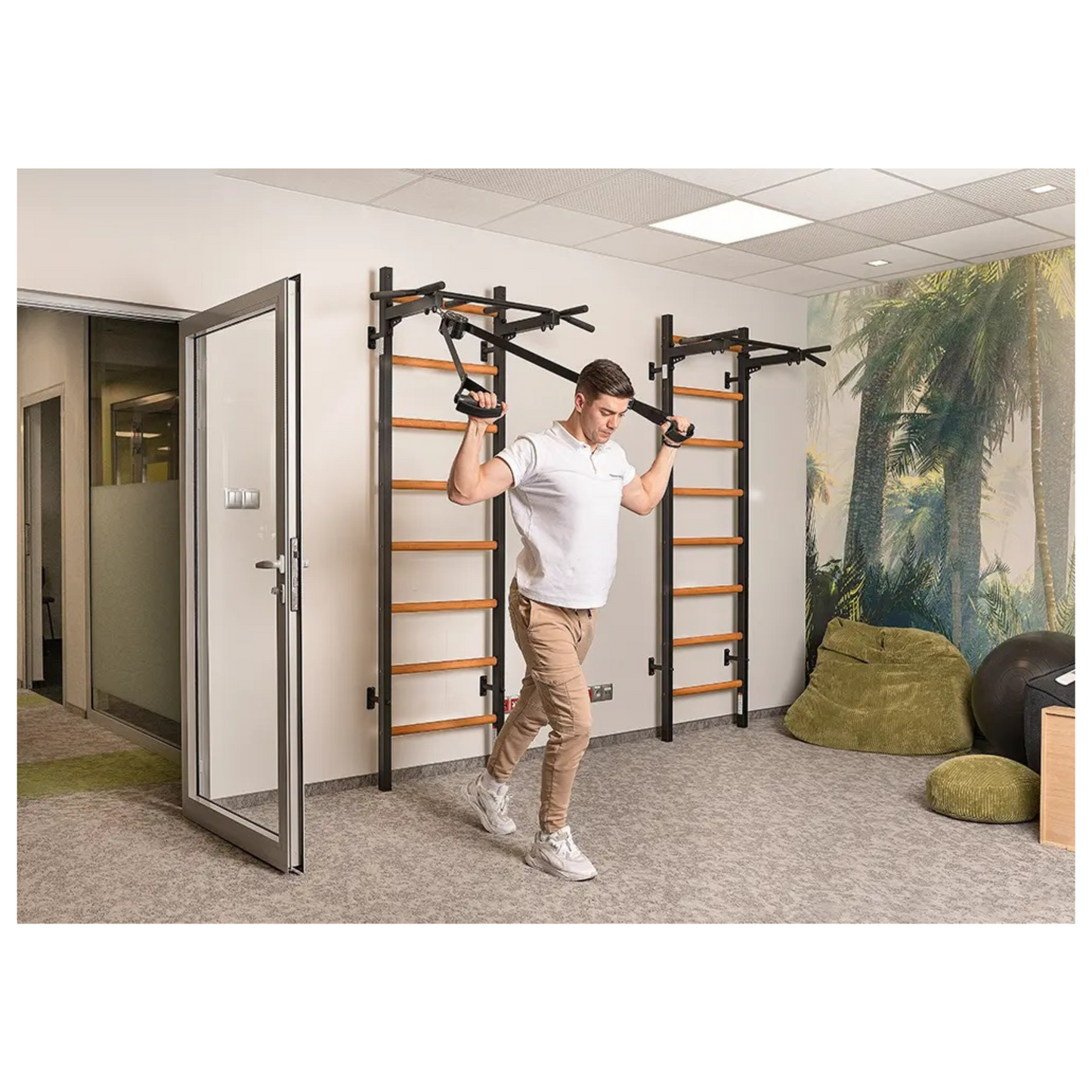 BenchK 221B Wall Bars with Fixed Steel 6 Grip Pull-Up Bar