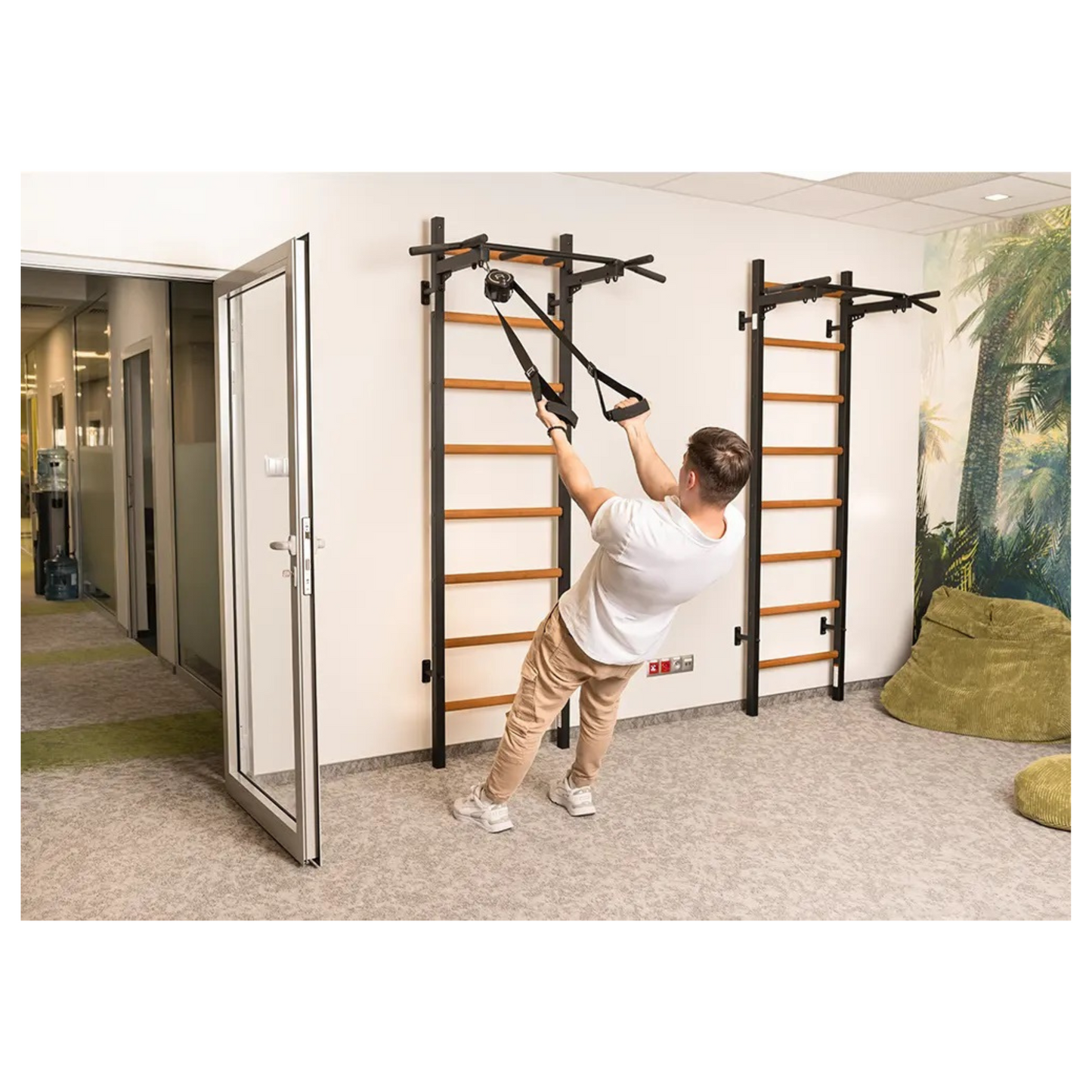 BenchK 221B Wall Bars with Fixed Steel 6 Grip Pull-Up Bar