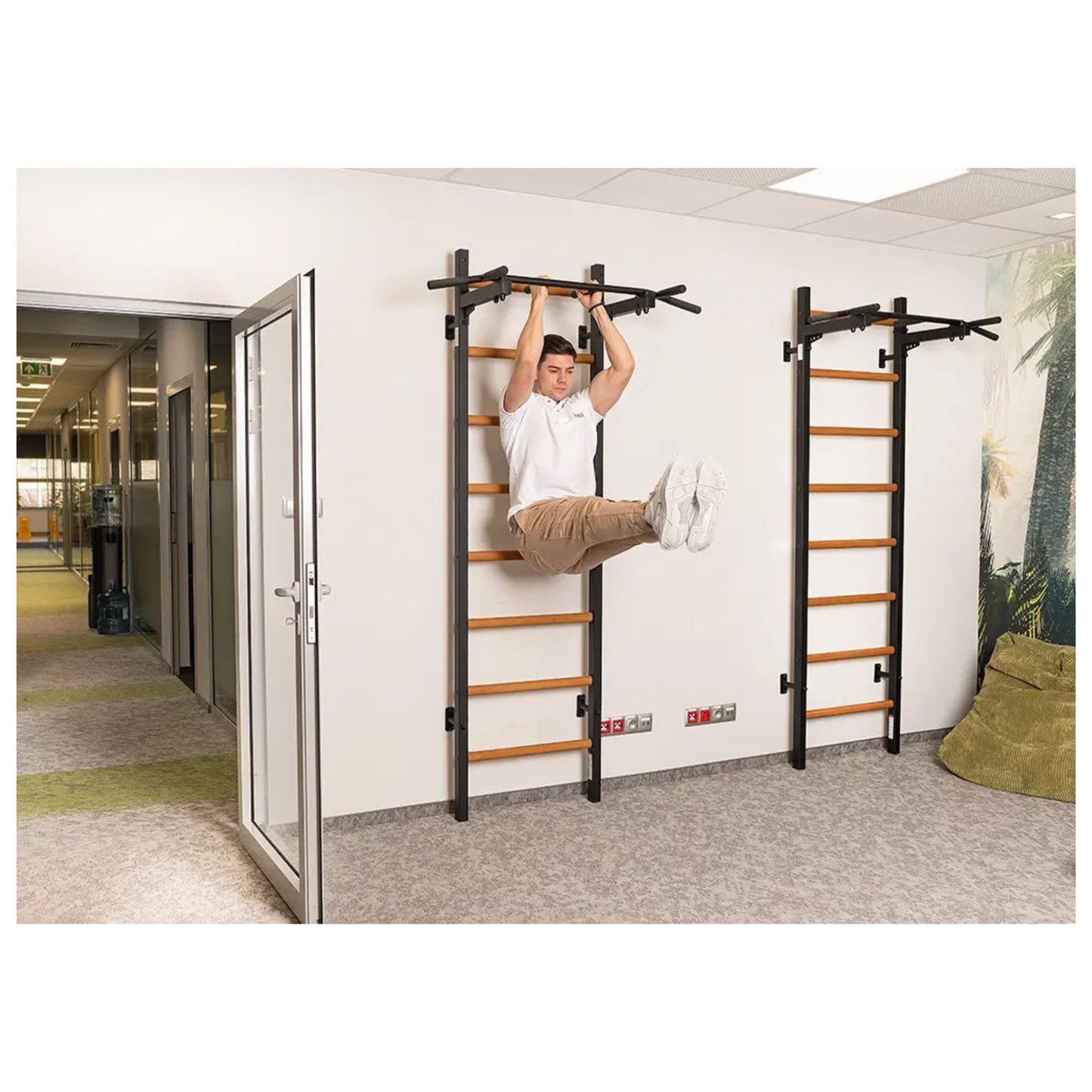 BenchK 221B Wall Bars with Fixed Steel 6 Grip Pull-Up Bar