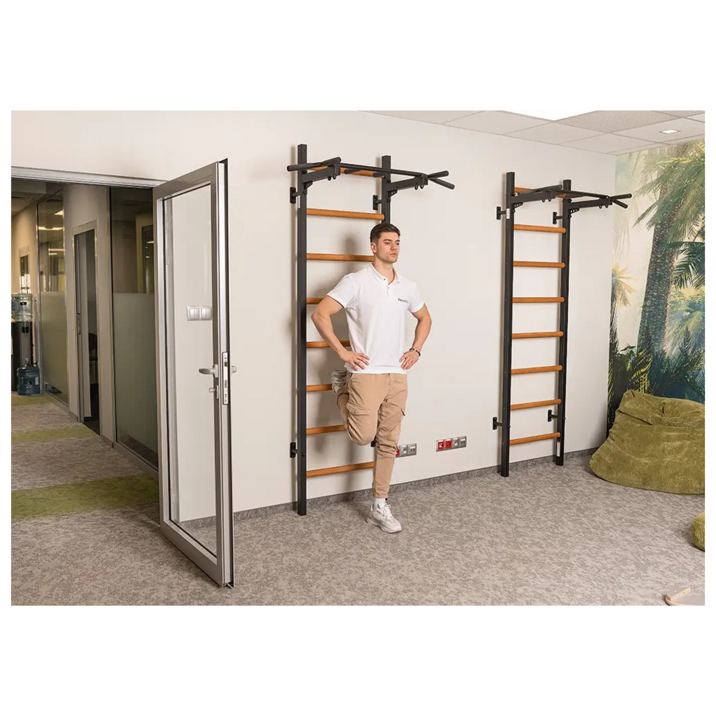 BenchK 221B Wall Bars with Fixed Steel 6 Grip Pull-Up Bar