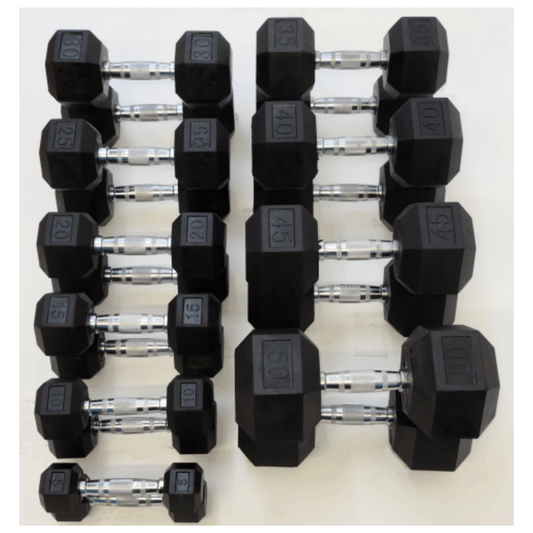 TDS Fitness Rubber Hex Dumbbell 5–50 lb Set